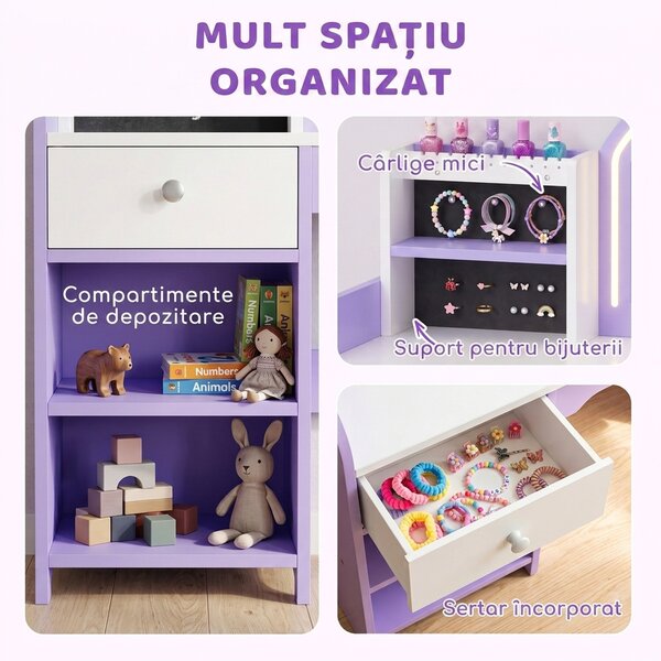 AIYAPLAY Set măsuță de toaletă 2 în 1 pentru fetițe, cu scaun și oglindă, lumini în 2 culori, suport bijuterii, sertar, mov | Aosom Romania