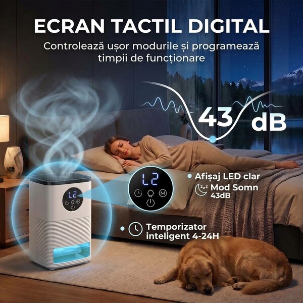 HOMCOM Dezumidificator portabil pentru casă 1400 ml cu lumină RGB în 7 culori, display LED, timer, mâner, alb | Aosom Romania