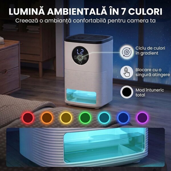 HOMCOM Dezumidificator portabil pentru casă 1400 ml cu lumină RGB în 7 culori, display LED, timer, mâner, alb | Aosom Romania