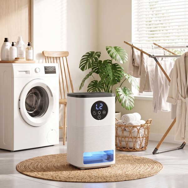 HOMCOM Dezumidificator portabil pentru casă 1400 ml cu lumină RGB în 7 culori, display LED, timer, mâner, alb | Aosom Romania