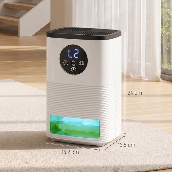 HOMCOM Dezumidificator portabil pentru casă 1400 ml cu lumină RGB în 7 culori, display LED, timer, mâner, alb | Aosom Romania