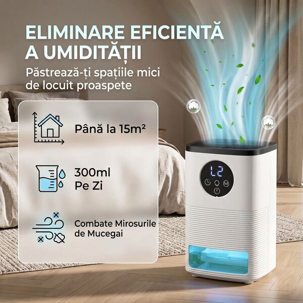 HOMCOM Dezumidificator portabil pentru casă 1400 ml cu lumină RGB în 7 culori, display LED, timer, mâner, alb | Aosom Romania