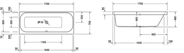 Duravit Happy D.2 cada dreptunghiulară 170x70 cm alb 700311000000000