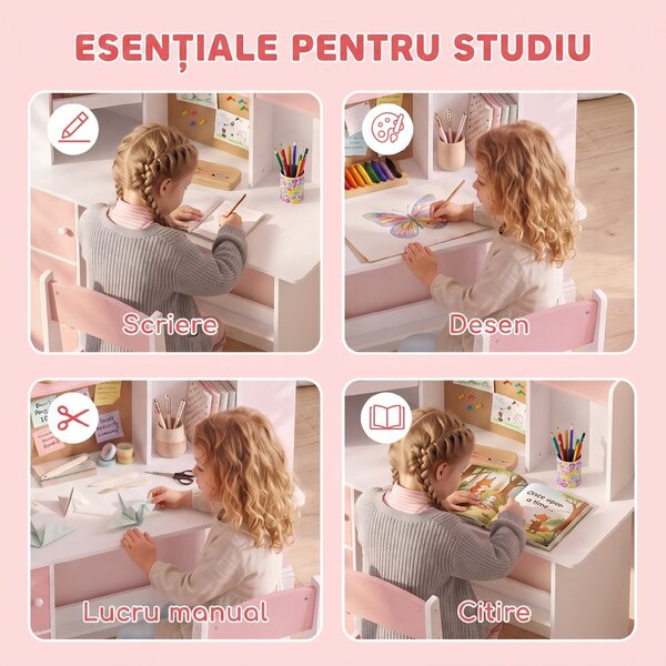 AIYAPLAY Set birou și scaun pentru copii 5-12 ani, cu bibliotecă, suport pentru creioane și suport reglabil pentru tabletă, roz | Aosom Romania