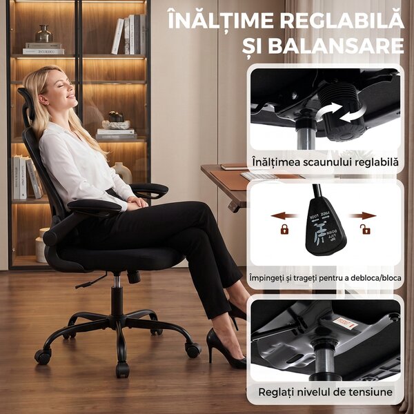 HOMCOM Scaun de birou ergonomic din plasă, cu tetieră reglabilă, negru | Aosom Romania