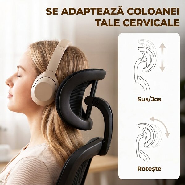 HOMCOM Scaun de birou ergonomic din plasă, cu tetieră reglabilă, negru | Aosom Romania