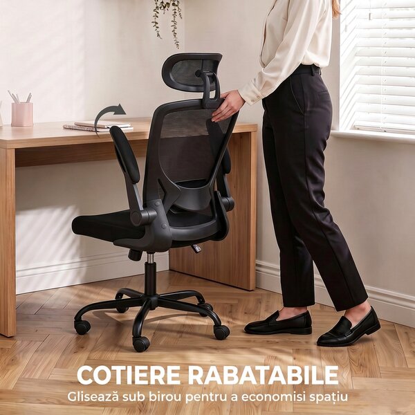 HOMCOM Scaun de birou ergonomic din plasă, cu tetieră reglabilă, negru | Aosom Romania
