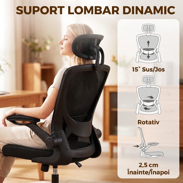 HOMCOM Scaun de birou ergonomic din plasă, cu tetieră reglabilă, negru | Aosom Romania