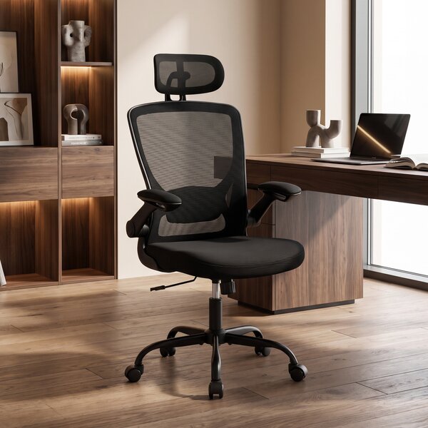 HOMCOM Scaun de birou ergonomic din plasă, cu tetieră reglabilă, negru | Aosom Romania