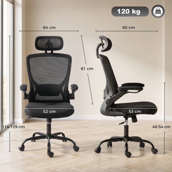 HOMCOM Scaun de birou ergonomic din plasă, cu tetieră reglabilă, negru | Aosom Romania
