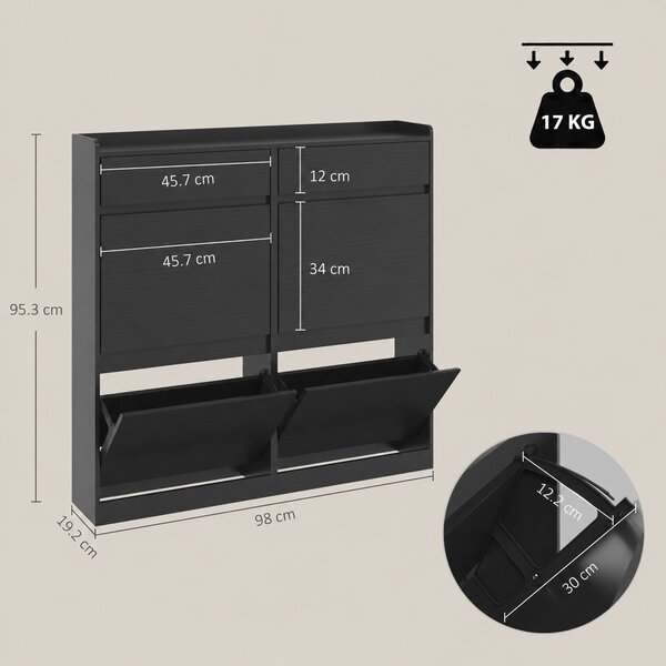 HOMCOM Pantofar Slim din Lemn cu 4 Sertare Rabatabile și 2 Sertare Glisante, 98 x 19,2 x 95,3 cm, Negru | Aosom Romania