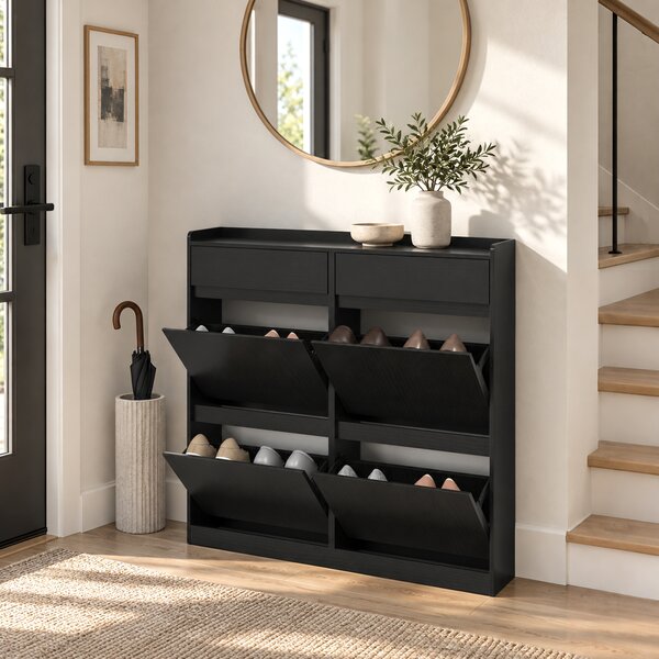 HOMCOM Pantofar Slim din Lemn cu 4 Sertare Rabatabile și 2 Sertare Glisante, 98 x 19,2 x 95,3 cm, Negru | Aosom Romania