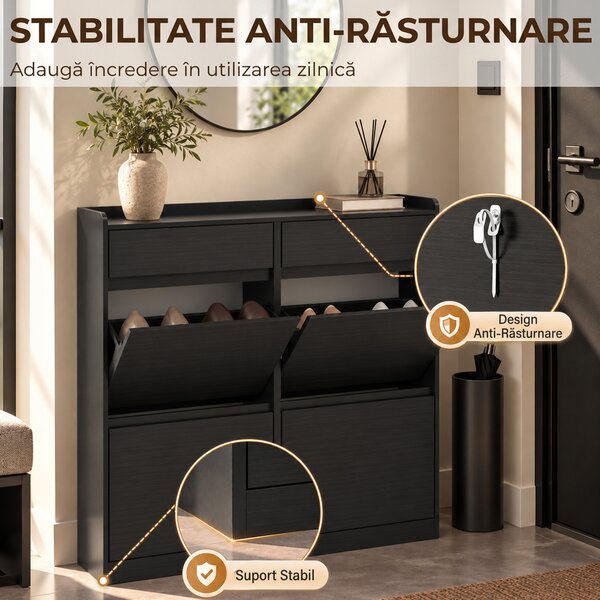 HOMCOM Pantofar Slim din Lemn cu 4 Sertare Rabatabile și 2 Sertare Glisante, 98 x 19,2 x 95,3 cm, Negru | Aosom Romania