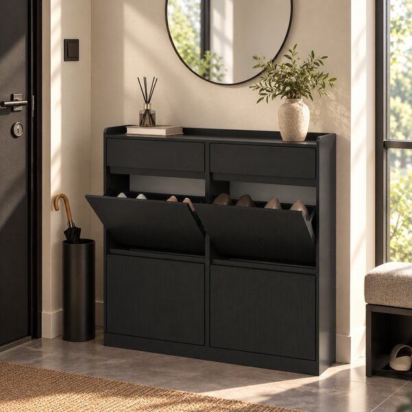 HOMCOM Pantofar Slim din Lemn cu 4 Sertare Rabatabile și 2 Sertare Glisante, 98 x 19,2 x 95,3 cm, Negru | Aosom Romania