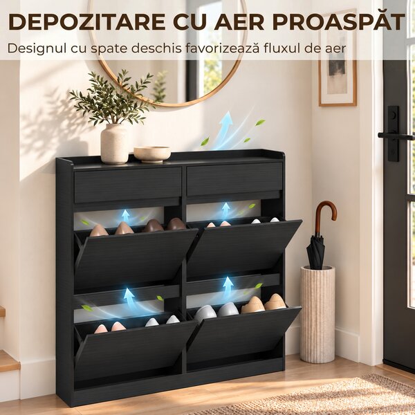 HOMCOM Pantofar Slim din Lemn cu 4 Sertare Rabatabile și 2 Sertare Glisante, 98 x 19,2 x 95,3 cm, Negru | Aosom Romania