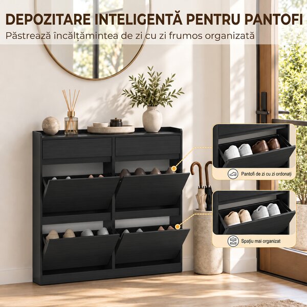 HOMCOM Pantofar Slim din Lemn cu 4 Sertare Rabatabile și 2 Sertare Glisante, 98 x 19,2 x 95,3 cm, Negru | Aosom Romania