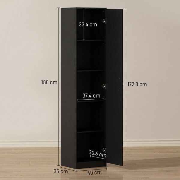 HOMCOM Dulap de bucătărie Slim cu 5 rafturi și spațiu interior reglabil, din lemn, 40x35x180 cm, negru | Aosom Romania