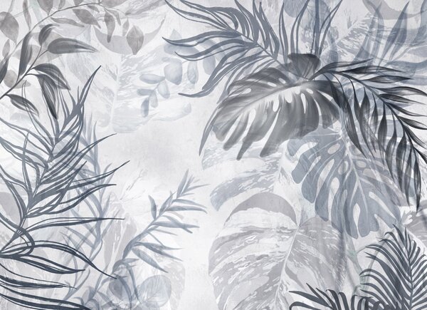 Tapet Monstera și frunze de palmier în nuanțe de albastru și gri, botanică, frunze, Fototapet pădure, Fototapet Tropics, w09011v1 : Uwalls.ro