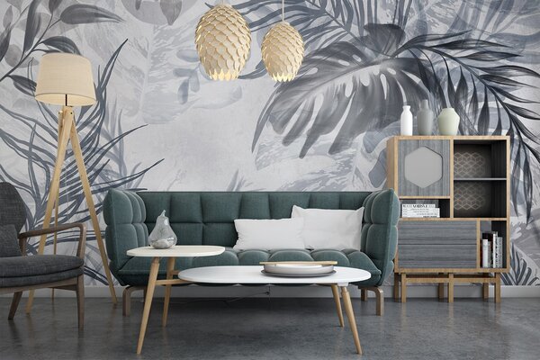 Tapet Monstera și frunze de palmier în nuanțe de albastru și gri, botanică, frunze, Fototapet pădure, Fototapet Tropics, w09011v1 : Uwalls.ro