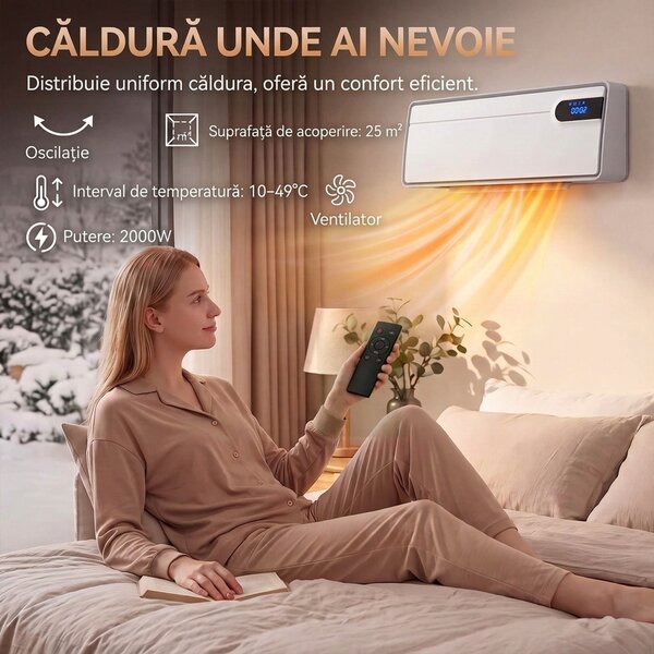 HOMCOM Aerotermă de perete ceramică 2000W cu telecomandă și WiFi, alb | Aosom Romania