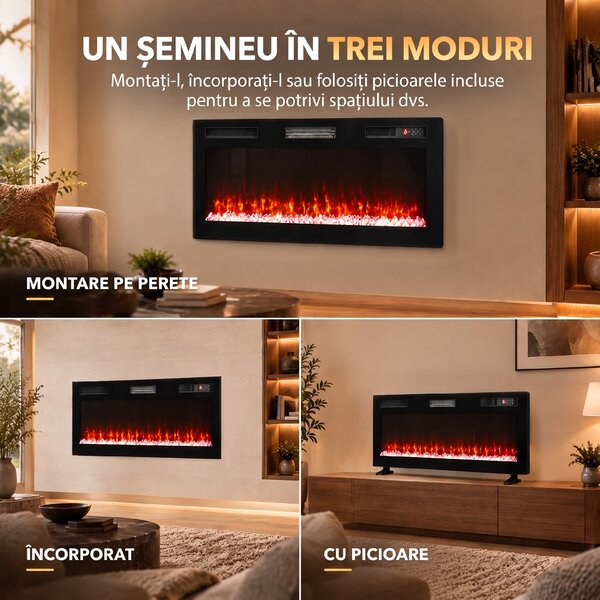 HOMCOM Șemineu electric 102 cm, încastrabil/perete/podea, 900/1800W, telecomandă, timer, negru | Aosom Romania