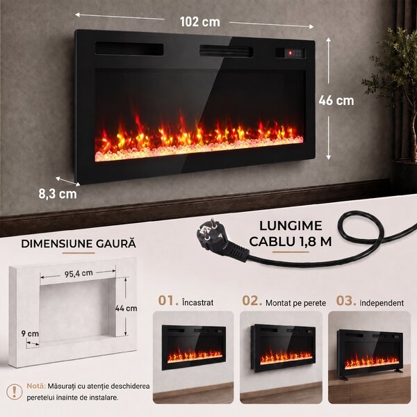 HOMCOM Șemineu electric 102 cm, încastrabil/perete/podea, 900/1800W, telecomandă, timer, negru | Aosom Romania
