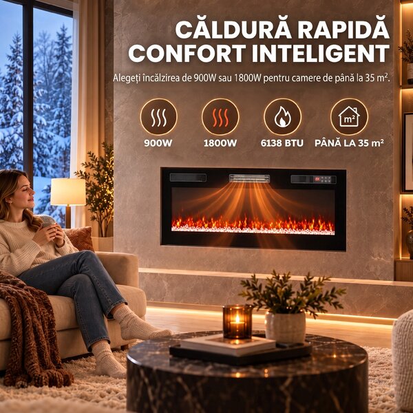 HOMCOM Șemineu electric 102 cm, încastrabil/perete/podea, 900/1800W, telecomandă, timer, negru | Aosom Romania