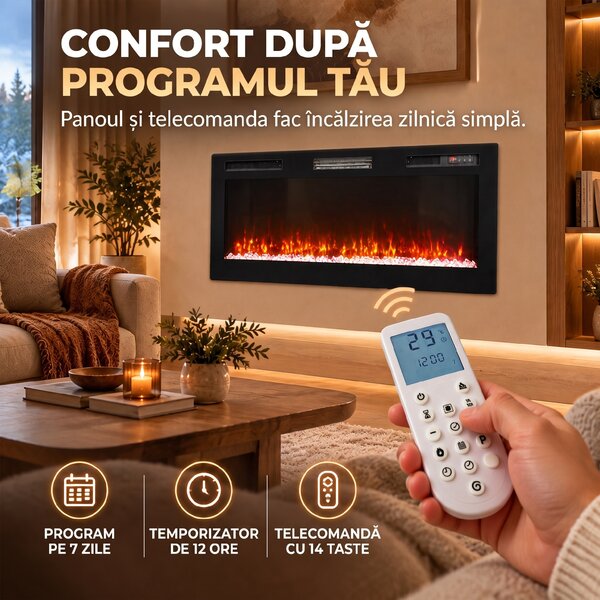 HOMCOM Șemineu electric 102 cm, încastrabil/perete/podea, 900/1800W, telecomandă, timer, negru | Aosom Romania