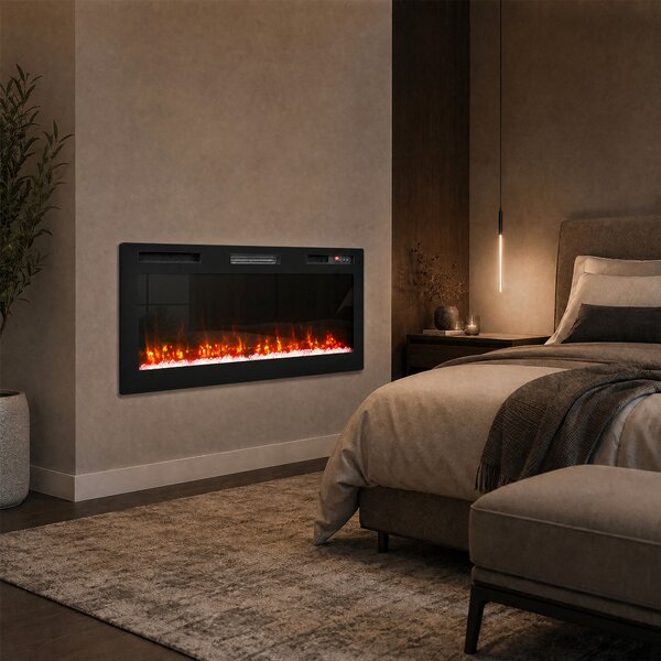 HOMCOM Șemineu electric 102 cm, încastrabil/perete/podea, 900/1800W, telecomandă, timer, negru | Aosom Romania