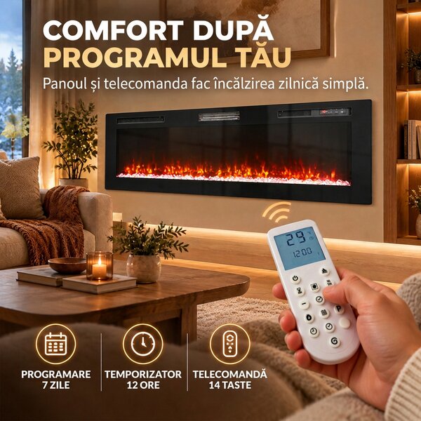 HOMCOM Șemineu electric 173 cm, 3 în 1, ultrasubțire 8,3 cm, cu telecomandă, 900/1800 W, timer, negru | Aosom Romania