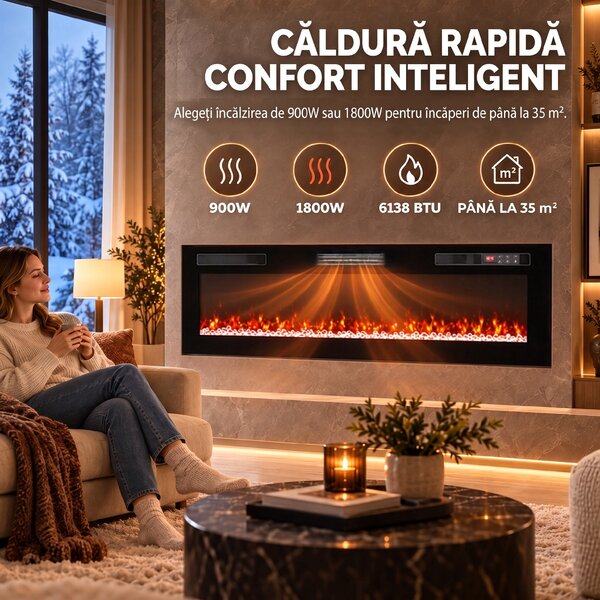 HOMCOM Șemineu electric 173 cm, 3 în 1, ultrasubțire 8,3 cm, cu telecomandă, 900/1800 W, timer, negru | Aosom Romania