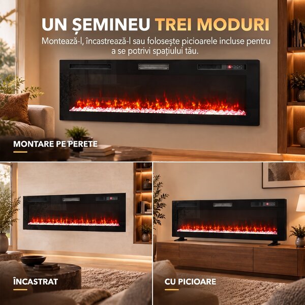 HOMCOM Șemineu electric 173 cm, 3 în 1, ultrasubțire 8,3 cm, cu telecomandă, 900/1800 W, timer, negru | Aosom Romania