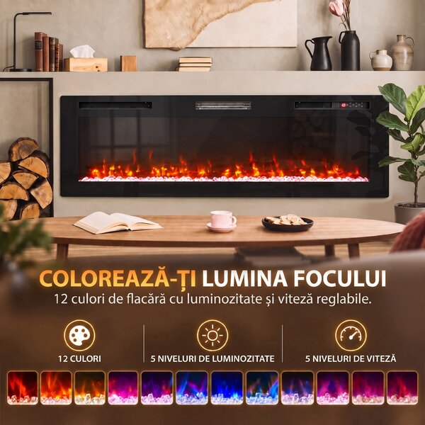 HOMCOM Șemineu electric 173 cm, 3 în 1, ultrasubțire 8,3 cm, cu telecomandă, 900/1800 W, timer, negru | Aosom Romania
