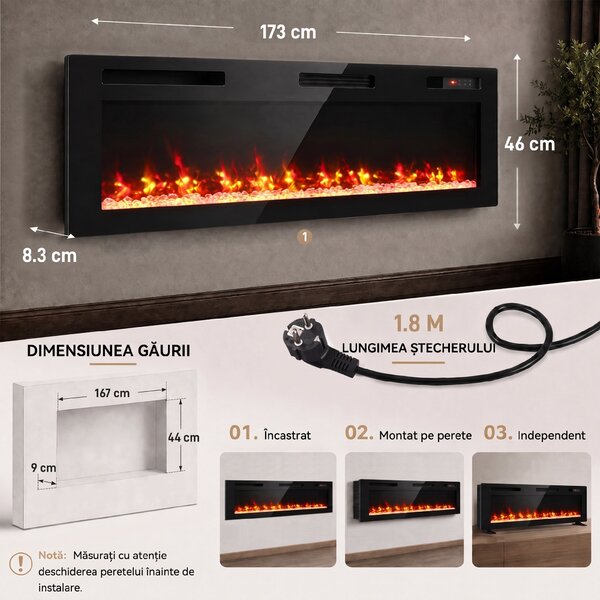 HOMCOM Șemineu electric 173 cm, 3 în 1, ultrasubțire 8,3 cm, cu telecomandă, 900/1800 W, timer, negru | Aosom Romania