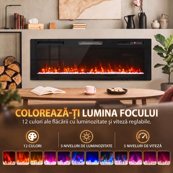 HOMCOM Șemineu electric 153 cm, încastrabil/de perete/de podea, ultrasubțire 8,3 cm, cu telecomandă, 900/1800 W, timer, negru | Aosom Romania