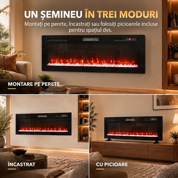 HOMCOM Șemineu electric 153 cm, încastrabil/de perete/de podea, ultrasubțire 8,3 cm, cu telecomandă, 900/1800 W, timer, negru | Aosom Romania