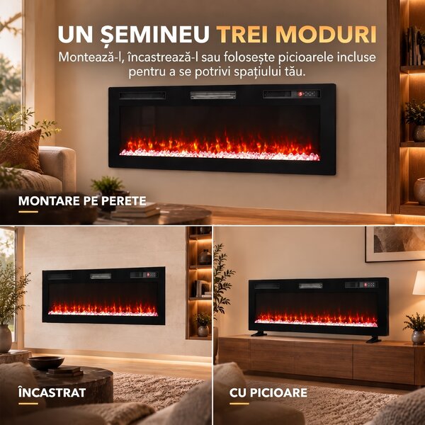 HOMCOM Șemineu Electric 127 cm, Încastrat/Perete/Podea, Ultrasubțire 8,3 cm, cu Telecomandă, 900/1800W, Timer, Negru | Aosom Romania