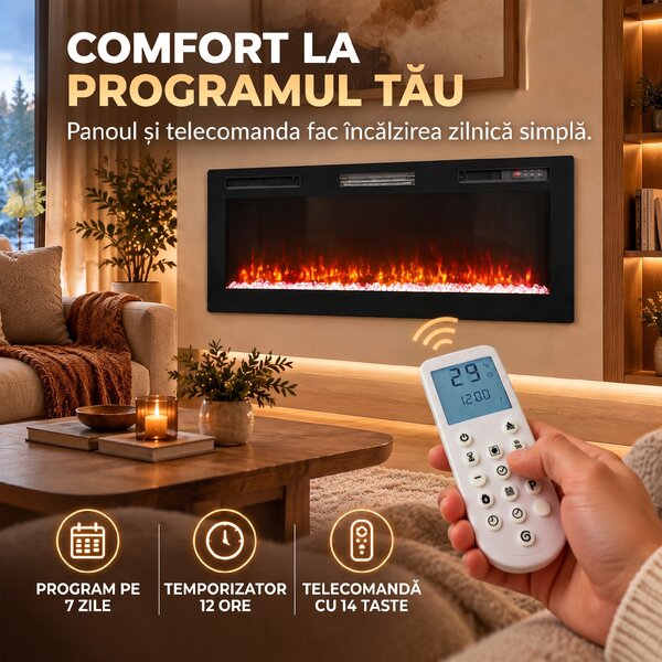HOMCOM Șemineu Electric 127 cm, Încastrat/Perete/Podea, Ultrasubțire 8,3 cm, cu Telecomandă, 900/1800W, Timer, Negru | Aosom Romania