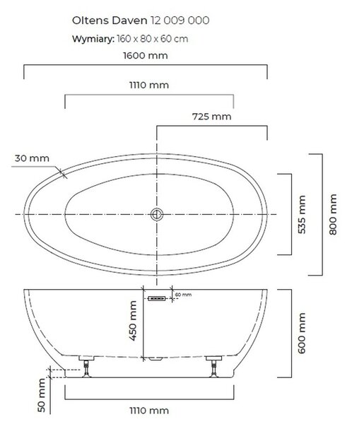 Oltens Daven cadă freestanding 160x80 cm ovală alb 12009000