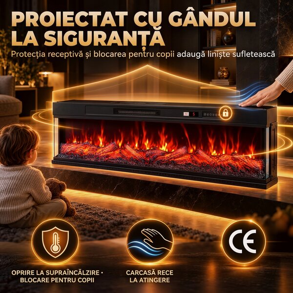 HOMCOM Șemineu electric de podea/încorporabil, pe 3 laturi, cu telecomandă, 750/1500 W, efect flacără 3D, 12 culori, 5 niveluri de luminozitate | Aosom Romania
