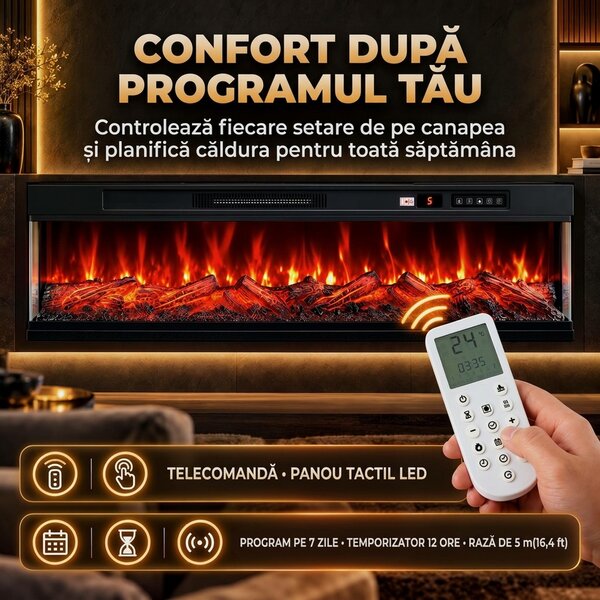 HOMCOM Șemineu electric de podea/încorporabil, pe 3 laturi, cu telecomandă, 750/1500 W, efect flacără 3D, 12 culori, 5 niveluri de luminozitate | Aosom Romania