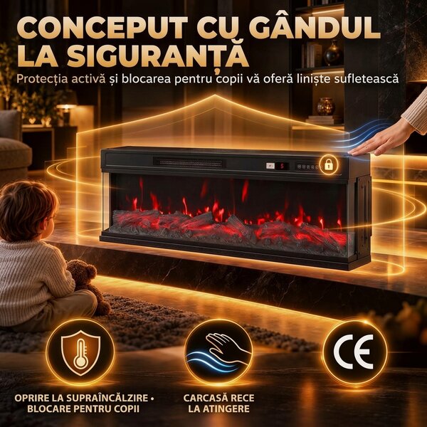 HOMCOM Șemineu Electric de Podea/Încastrabil, 3 Laturi, cu Telecomandă, 750/1500W, Efect Flacără 3D 12 Culori, 5 Niveluri de Luminozitate | Aosom Romania