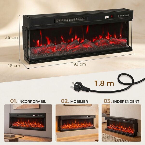 HOMCOM Șemineu Electric de Podea/Încastrabil, 3 Laturi, cu Telecomandă, 750/1500W, Efect Flacără 3D 12 Culori, 5 Niveluri de Luminozitate | Aosom Romania