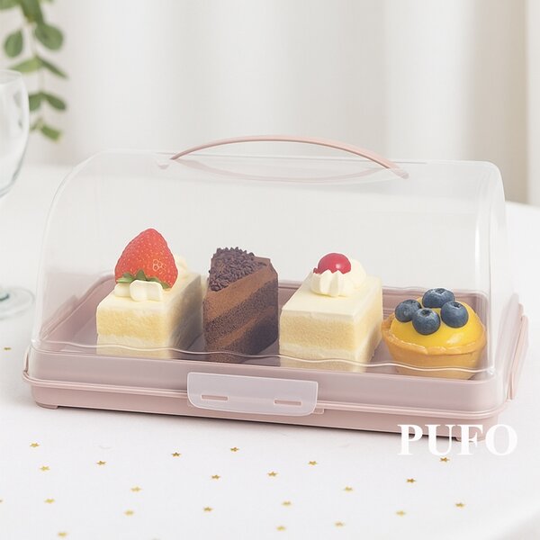 Platou Pufo Cookies cu capac transparent pentru servire torturi, prajituri, briose, produse de patiserie, 35 cm, roz