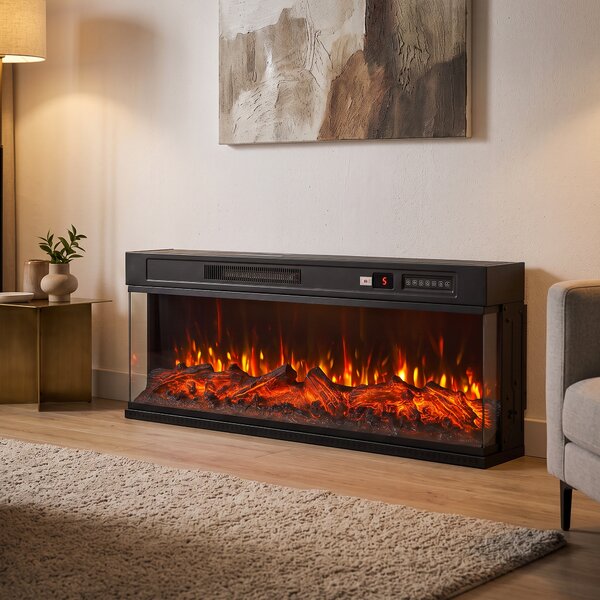 HOMCOM Șemineu electric de podea/încastrabil, 3 laturi, cu telecomandă, 750/1500W, efect flacără 3D, 12 culori, 5 niveluri de luminozitate | Aosom Romania