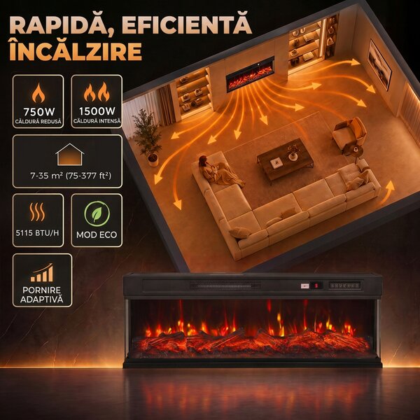 HOMCOM Șemineu electric de podea/încastrabil, 3 laturi, cu telecomandă, 750/1500W, efect flacără 3D, 12 culori, 5 niveluri de luminozitate | Aosom Romania