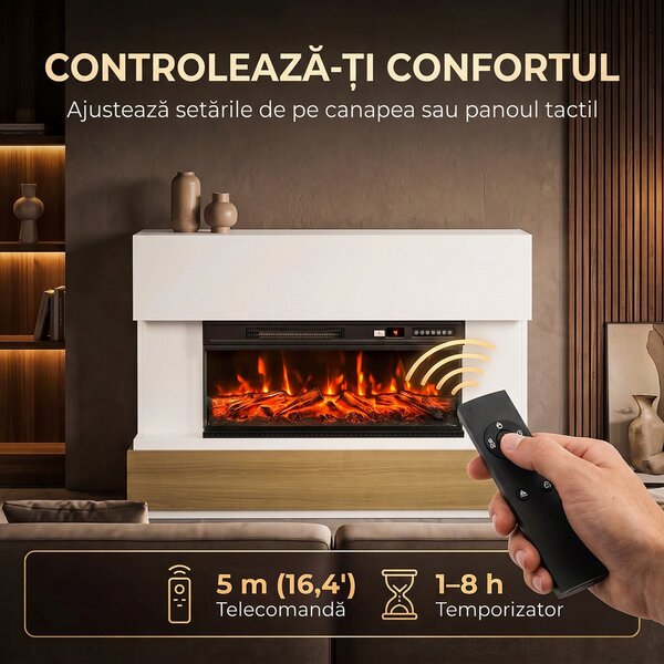 HOMCOM Șemineu Electric 117 cm cu 3 Laturi, pentru TV 55", 900/1800 W, 12 Culori Flacără 3D, Alb | Aosom Romania