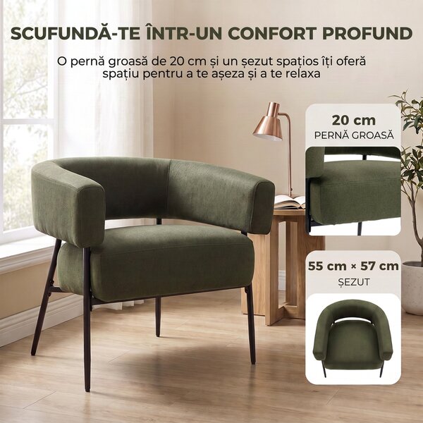 HOMCOM Fotoliu tapițat pentru living din țesătură cu aspect de in, șezut lat și adânc, spătar curbat, verde închis | Aosom Romania