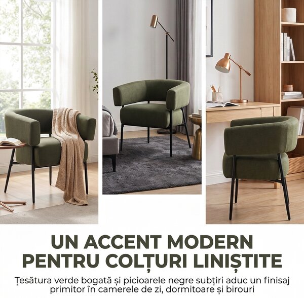 HOMCOM Fotoliu tapițat pentru living din țesătură cu aspect de in, șezut lat și adânc, spătar curbat, verde închis | Aosom Romania