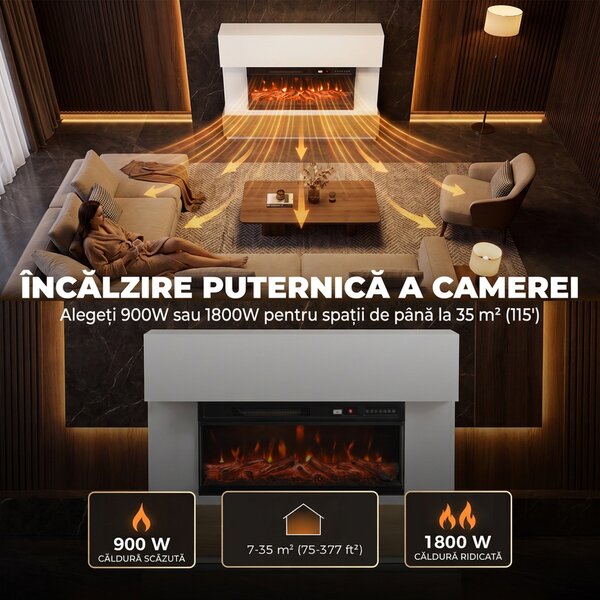 HOMCOM Șemineu Electric 117 cm cu 3 Laturi, pentru TV 55", 900/1800 W, 12 Culori Flacără 3D, Alb | Aosom Romania